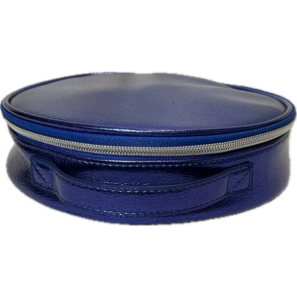 NWOT Metallic Blue Round Make-Up Bag 8'' Diameter 2'' Deep Travel Vacation